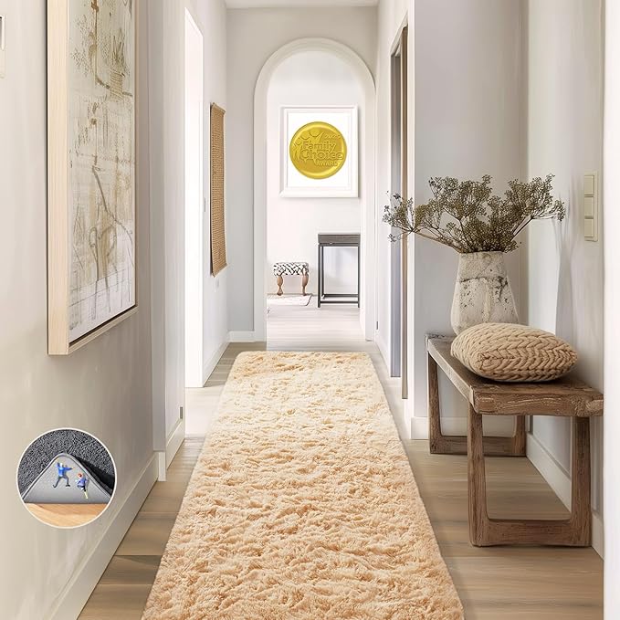 Ophanie Runner Rug for Hallway, 2x6 Upgrade Non-Slip Fluffy Soft Bedside Rugs, Bedroom Living Room Beige Shaggy Carpet for Kids Girls Boys Dorm Nursery Home Decor Aesthetic