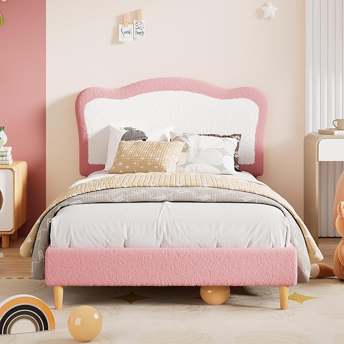 GarveeHome Upholstered Twin Bed Frame for Kids with Scallop Headboard, Cute Velvet Twin Bed for Girls, Boys, Sturdy Platform Bed, No Box Spring Needed, Wooden Slats, Noise Free, Pink White