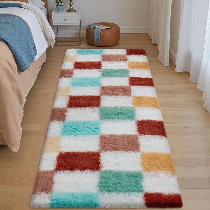 Checkered Area Rug 2x6 for Bedroom, Colorful Modern Shag Rug Super Soft Runner Carpet Washable Fluffy Rugs for Living Room Bedside Sofa Home Dorm Decor Aesthetic