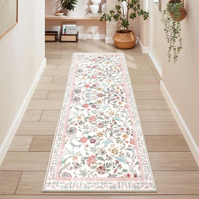 Floral Washable Runner Rug, 2x6 Pink Rug Runners for Hallways Non-Slip, Soft Low Pile Flower Birds Long Bathroom Mat Botanical Throw Carpet for Kitchen Laundry Entryway Porch