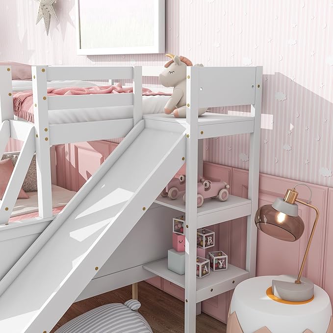 Twin Over Full Bunk Bed with 2 Drawers and Slide, Wood Bunk Bed Frame with Shelves and Ladder, Space Saving Design Bunk Bed for Kids Teens Boys Girls (White-x32c)