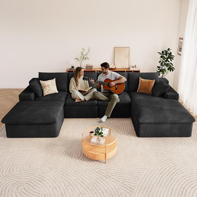 136" Cloud Modular Sectional Sofa with 1 Ottoman, Deep Seat Boneless Couch, Modern Upholstered Corduroy Couches, Comfort U Shaped Sofa for Living Room, No Assembly Required(Black,Right Facing Chaise)