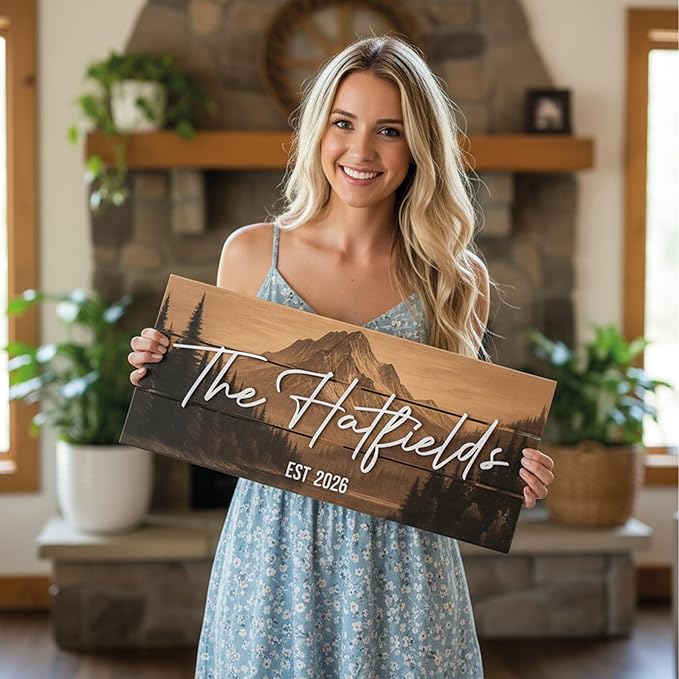 Custom Mountain Family Name Sign - Rustic Wood Wall Decor, Personalized Wedding & Gift for Couples Anniversary, Housewarming Gift for New Home