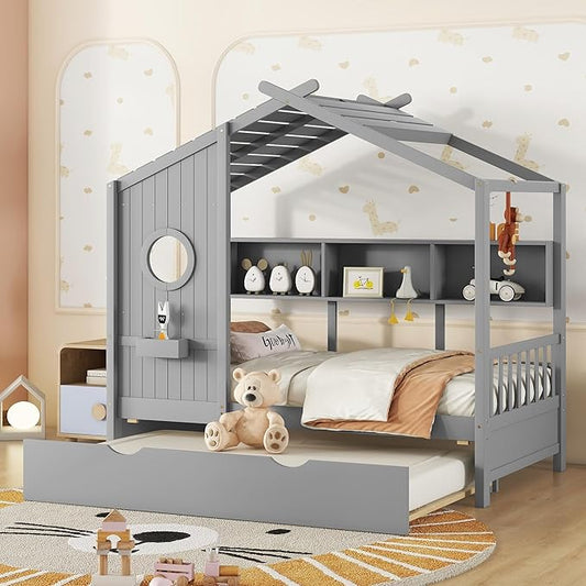 Harper & Bright Designs Twin Size Modern House Bed with Roof, Wooden Twin Kids House Bed Frame with Trundle and Storage Shelf, Gray