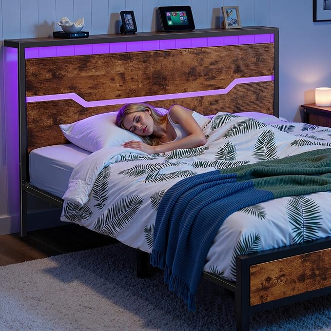 King Size Bed Frame with LED Lights & Charging Station, King Bed Frame and Headboard,13" Under Bed Storage, Noise-Free Heavy Duty Metal Support, Modern Brown