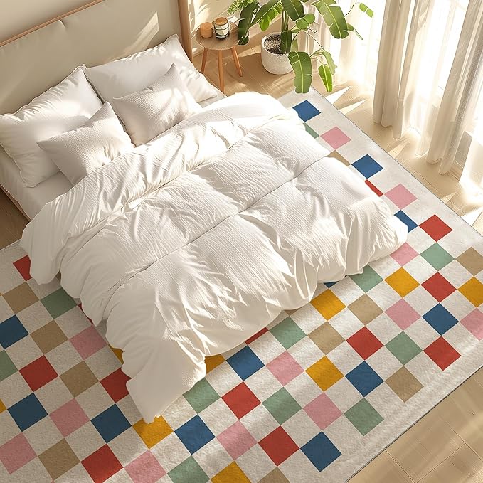 Washable Checkered Rug, 8x10 Colorful Rainbow Checkerboard Modern Foldable Large Area Rugs for Living Room, Low Pile Ultra-Thin Non-Slip Indoor Carpet for Office Bedroom Diningroom Classroom Playroom