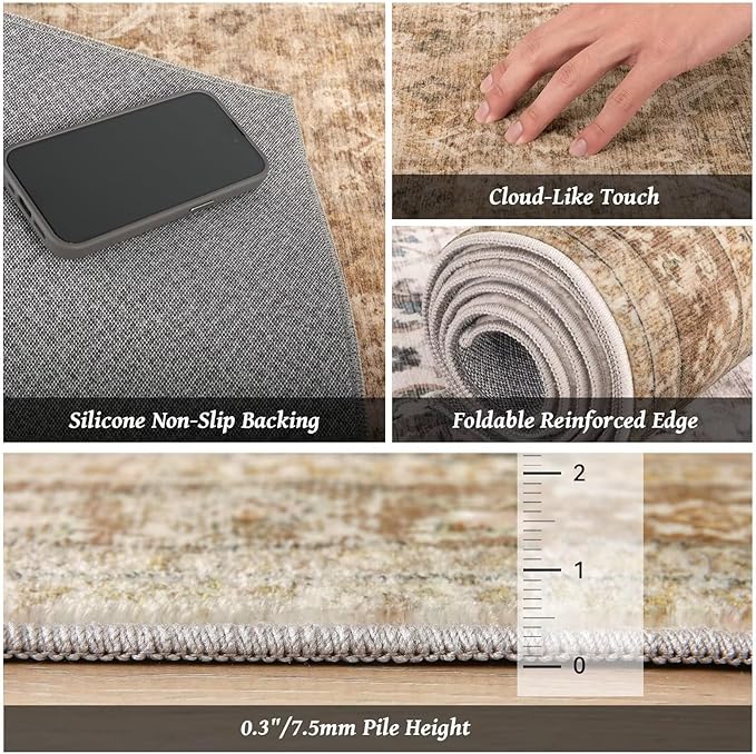 Washable 8x10 Area Rugs for Living Room, Boho Non-Slip Vintage Distress Large Rugs for Bedroom Dining Room Nursery Office, 0.3" Neutral Oriental Throw Thin Carpet, Brown/White/Multi