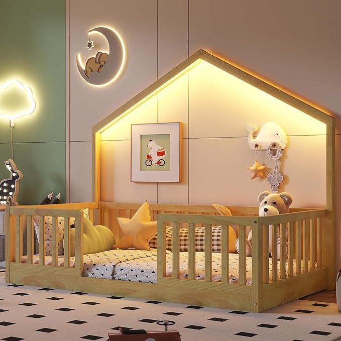 Twin Size House Bed for Kids, Low Profile Montessori Bed Twin with High Railings, Wood House Shape Montessori Beds with Light & Roof for Kids, Natural