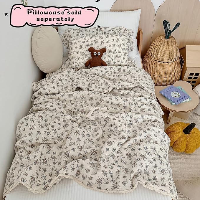 BuLuTu French Country Blue Floral Quilted Blanket with Lace Edges, Muslin Cotton Toddler Bed Baby Crib Comforter Girls Boys Nursery Decor, 47"x59", Soft Lightweight, Ballon Flower Print