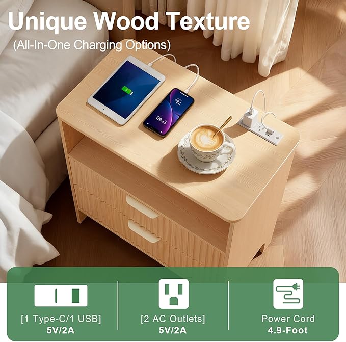 Fluted Nightstand with Charging Station, Wood Night Stand with 2 Large Drawers and Storage Shelf, Natural Bed Side Tables Bedroom, Mid Century Modern Nightstand for Bedroom/Living Room