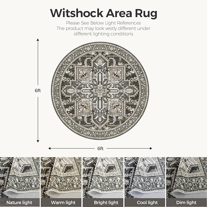 WITSHOCK 6Ft Round Black Washable Area Rug: Vintage Boho Non-Slip Low Pile Large Circle Carpet for Living Room Bedroom Kitchen Nursery Home Office, Foldable Soft Pet-Friendly Farmhouse Floral Décor