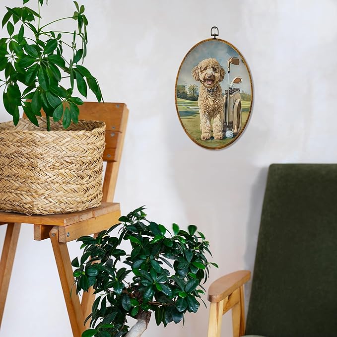 Hiuwevt Goldendoodle Golf Oval Wall Art Decor, Goldendoodle Gifts for Women Framed Canvas Prints, Rustic Golfing Dog Oval Wall Hanging Decor for Home Gym Sport Room Decorations, 8.6x11.4 Inches