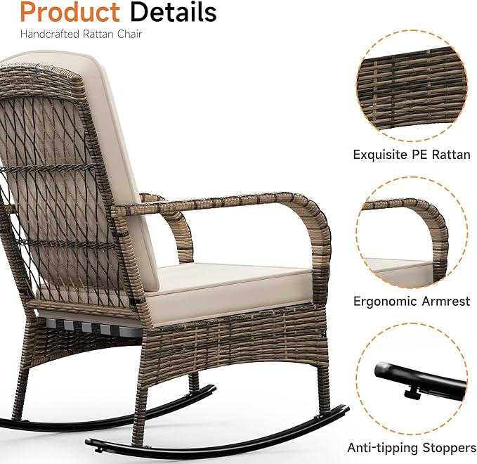 DECMICO 3 Pieces Rocking Bistro Set, Wicker Outdoor Rocking Chair with Washable Cushions, Rattan Rocking Chairs with Rattan Table, Outdoor Wicker Chair for Patio Backyard Porch Garden