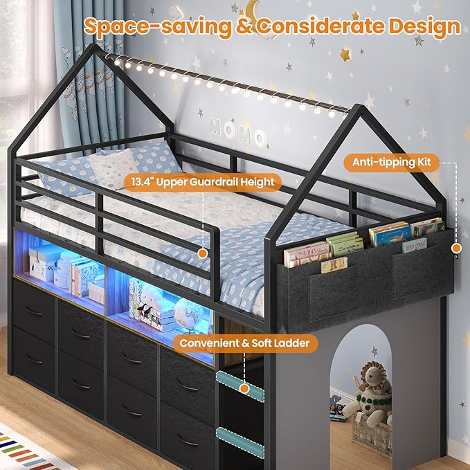 BTHFST Twin Size Loft Bed for Kids, 8 Storage Drawers & LED Lights, House Shaped Metal Bed with Bookcase, Soft Foam Ladder, 13.4" Safety Guardrail, Space Saving, Fun Curtain