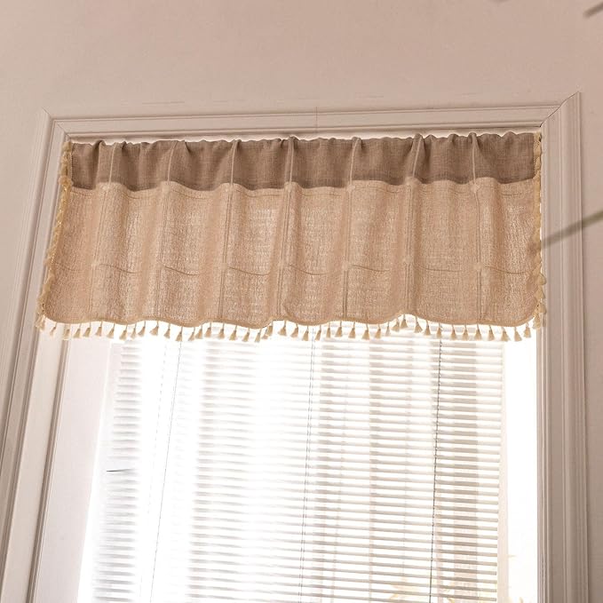 Deeprove Boho Curtain Valance 18 Inches Length Bohemian Lattice Gingham Textured Embroidery Plaids, Vintage Chic Tassels Antique Decor Drapes Rod Pocket, 1 Panel W52 x L18, Natural Linen