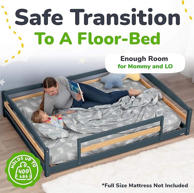 Ocodile Full Size Montessori Floor Bed for Kids - Strong Slatted Bed Frame with Full Rails - Ideal for Little Girls and Boys - Gray