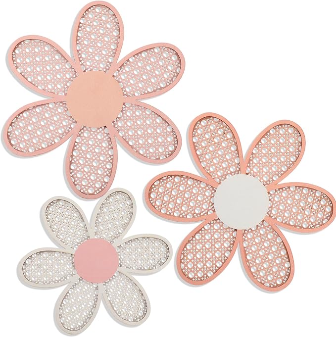 Maitys 3 Pieces Boho Daisy Wall Decor Natural Rattan Flower Wall Hanging Art Wooden Boho Art Nursery Flowers Farmhouse Hanging Decor for Home Office Nursery(Rustic Color)