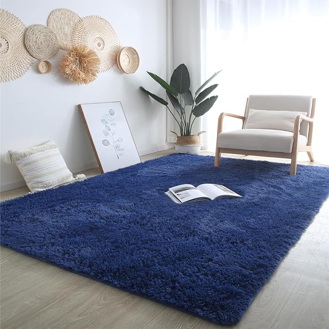 CAIYUECS Shag Area Rug,Indoor Ultra Soft Plush Rugs for Bedroom Living Room, Non-Skid Modern Nursery Faux Fur Rugs for Kids Room Home Decor (4x6 Feet, Navy Blue)