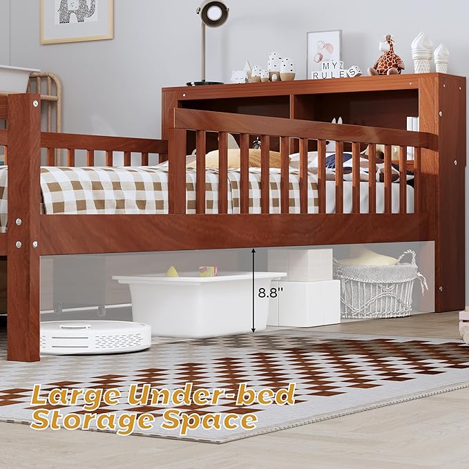 Wood Twin Size Platform Bed with Safety Fence for Kids Boys Girls, Platform Bed Frame with Practical Headboard and 2 Under-Bed Drawers, Sturdy Slats Support (Walnut-3.15)
