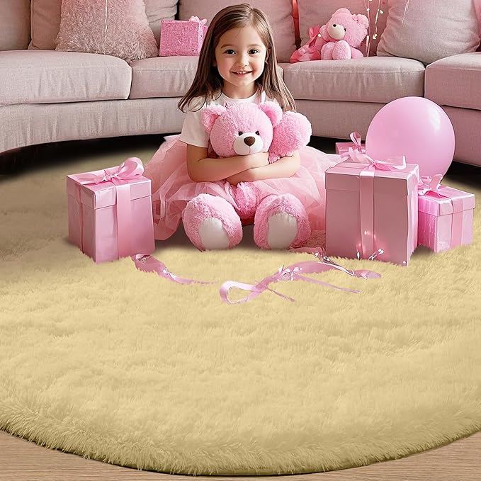 Beige Round Rug for Bedroom: 4x4Feet Soft and Fluffy Area Rug for Living Room- Round Furry Plush Carpet for Bedroom- Shag Rugs for Dorm, Home Decor