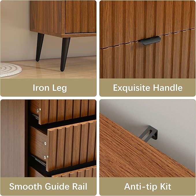 Fluted Dresser for Bedroom with 6 Drawers, 47'' Wide Modern Dresser with Metal Handle, Natural Wood Dressers Organizer with Blister Drawers for Bedroom, Brown