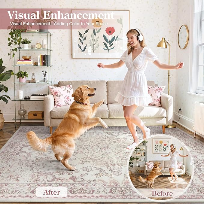 Wonnitar Vintage Floral Rugs for Bedroom Girls, 5x7 Washable Pink Nursery Rug for Baby, Ultra-Thin Non Slip Soft Medallion Carpet for Aesthetic Decor Toddler Kids Room Living Room