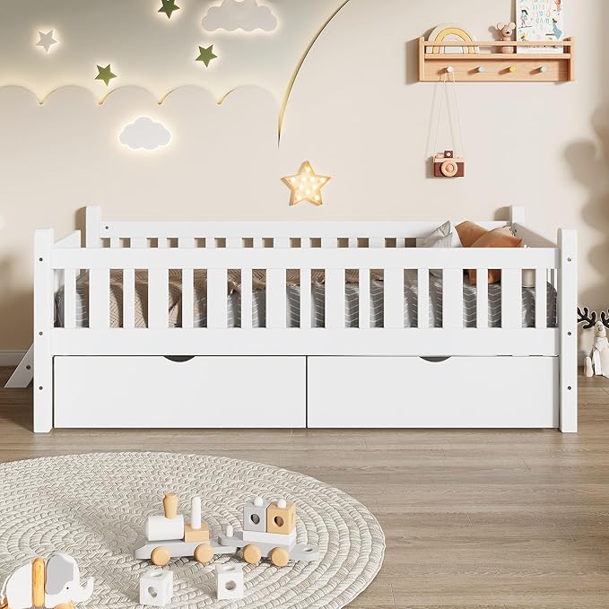 LUMISOL Twin Size Kids Bed Frame with Storage Drawers, Wood Twin Size Floor Bed with Safety Guardrail and Ladder for Girls Boys Teens, White