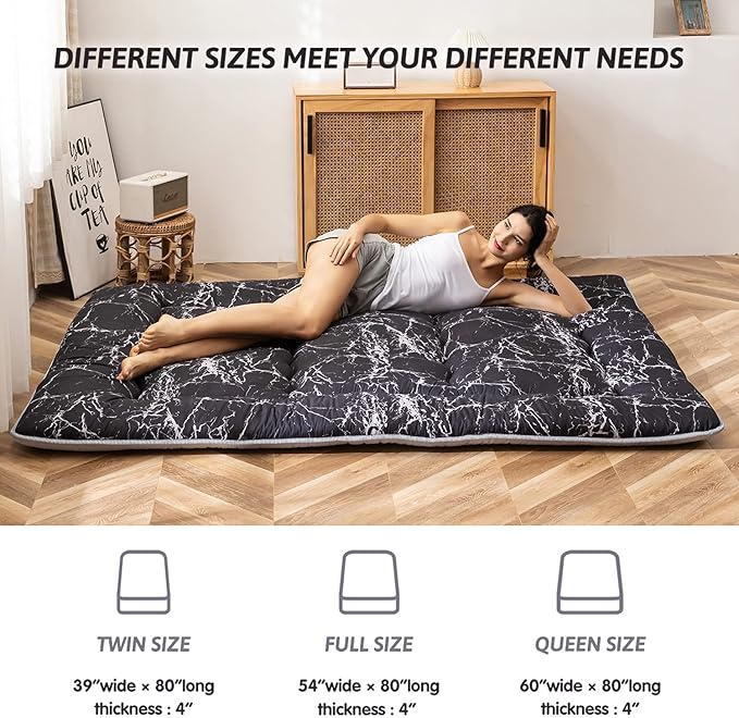MAXYOYO Black Marble Printed Japanese Futon, Thicken Sleeping Pad Roll Up Camping Mattress Twin