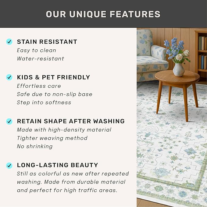 Washable Oushak 2x8 Bathroom Runner Rug - Vintage Turkish Floral 8ft Long Low Pile Non Slip Runners for Kitchen, Hallway - Cream Blue and Green