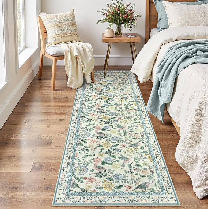 Green Floral Runner Rug, 2x6 Washable Rug Runners for Hallways Non-Slip, Soft Low Pile Flower Birds Long Bathroom Mat Botanical Throw Carpet for Kitchen Laundry Entryway Porch