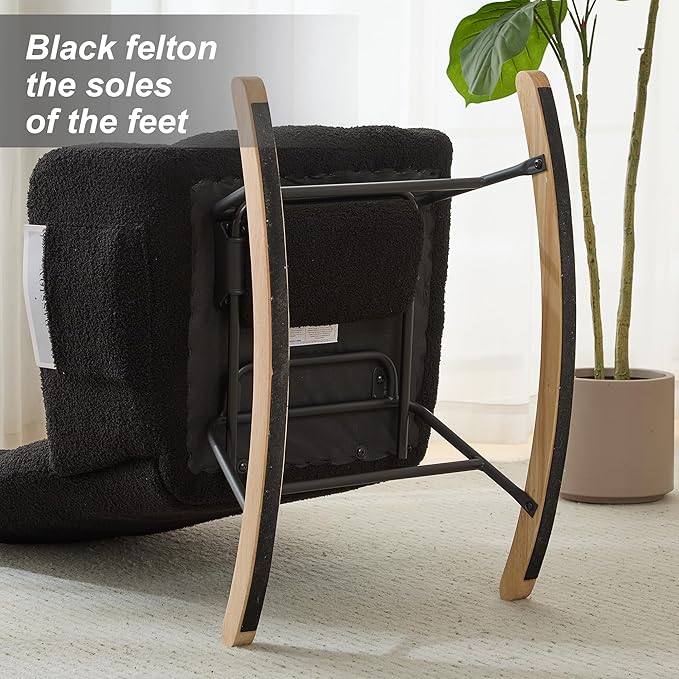 Nursery Rocking Chair Teddy Upholstered Reading Glider Rocker with Footrest Accent Chair with High Backrest Armchair Comfy Side Pocket Chair for Living Room, Bedroom, Offices (Large Black)