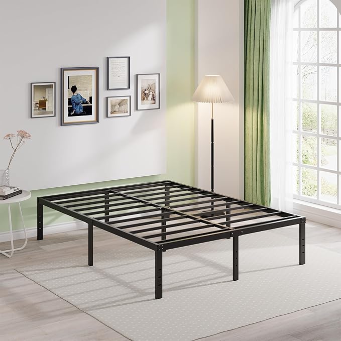 EMODA 18 Inch Tall Full Size Bed Frame with Large Storage Space, Easy Assembly Heavy Duty Metal Platform No Box Spring Needed, Noise Free, Black