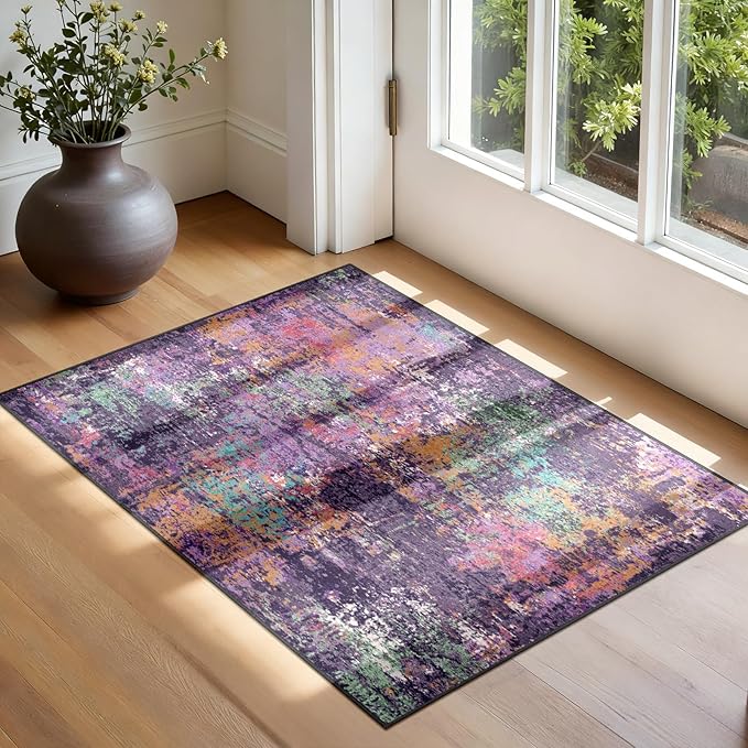 Washable Area Rugs 2'x3' Non-Slip Modern Abstract Soft for Living Room Entryway Bedroom Nursery, Print Pattern, Purple Orange Blue Green Rust Red Colorful
