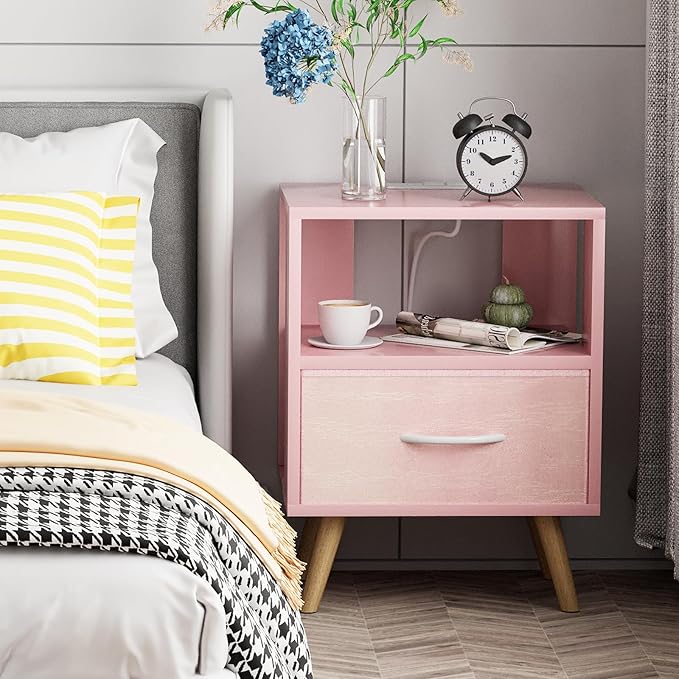Night Stand with Charging Station, Pink Kids Nightstand with Drawer, 2-Tier Nursery Bedside Table with USB Ports and Outlets, End Table for Small Space, Living Room, Bedroom