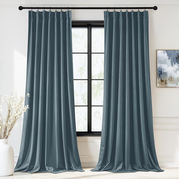 StangH Luxury Slate Blue Velvet Curtains 108 inch, Pinch Pleated Bedroom Curtains & Drapes with Hooks Privacy Thermal Insulated Floor to Ceiling Panels for Home Office, W40 x L108, 2 Panels