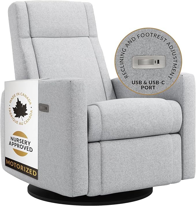 Nelly Modern Nursery Chair Glider Recliner with 180° Swivel - Cozy Motorized Reclining Nursing Chair, Gentle Motion, Hybrid Memory Foam, Lumbar Support - Made in Canada (Heather Grey/ARLO Fabric)