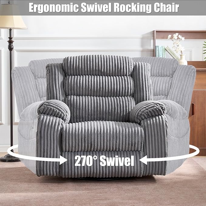 Power Swivel Rocker Recliner Chair for Adults with Massgae and Heat, USB and Type-C Charging Port, Infinite Position, Electric Glider Rocking Chairs for Living Room, Nursery, Grey