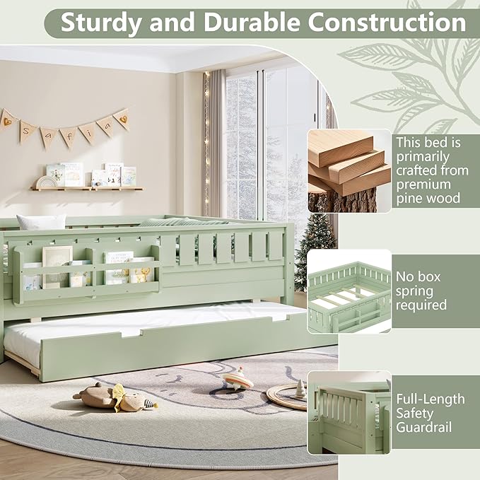 Bellemave Full Bed with Trundle and Stairs, Full Size Platform Bed Frame with Fence and Bookshelf, Easy Assemble Beds for Kids, Girls, Boys, Green