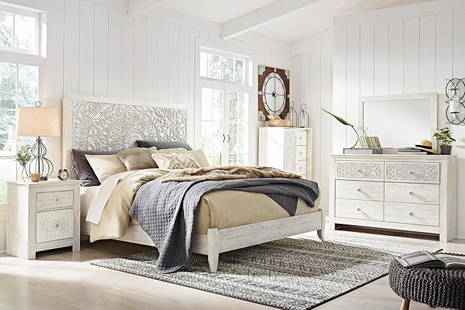Signature Design by Ashley Paxberry Boho 6 Drawer Dresser, Smooth-gliding Faux Laminate Lined Drawers, Wood, 61.26" W x 15.83" D x 40" H, Whitewash