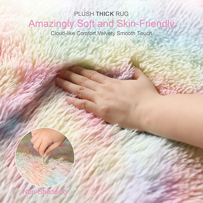 Thick Area Rug 6x9 Unicorn Fluffy Shag for Girls Bedroom Living Room, Rainbow Soft Plush Fuzzy Washable Thickened Non-Slip Shaggy Pastel Large Carpet for Princess Kids Nursery Boys Dorm Room