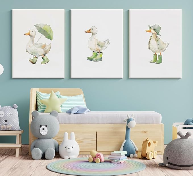 3Pcs Baby Animal Nursery Wall Art Funny Green Rain Gear Duck Painting Picture Wall Decor This Set of 3 Happy Ducks Wearing Green Boots Poster Print Artwork for Kids Boys Room Bedroom Decorate,Framed
