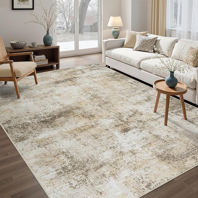 Area Rug Living Room Rugs: 5x7 Washable Rug with Anti-Slip Backing Non-Shedding Stain-Resistant Foldable Modern Abstract Carpet for Bedroom Dining Room Nursery Hallway Home Office Beige Grey