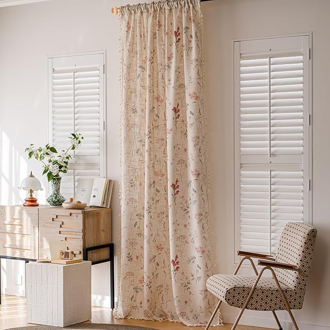 OYX Floral Curtains 2 Panels 52x96 Inches, Boho Tassel Semi-Sheer Light Filtering, Rod Pocket Farmhouse Window Drapes for Bedroom Living Room Dining Room, Bohemian Aesthetic Decor