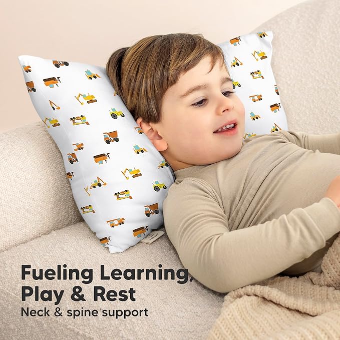 Toddler Pillow with Pillowcase - 13x18 My Little Cuddly Pillow, Viscose Derived From Bamboo Nursery Toddler Pillows for Sleeping,Kids Pillow,Small Travel Pillows,Mini Toddler Bed Pillow (Construction)
