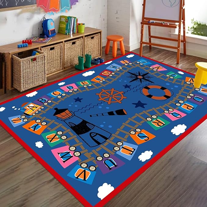 3x4tf Machine Washable Kids Area Rugs for Playroom Nursery ABC Children's Rug Lighthouse Telescope Compass Printing Preschool Education Carpet for Bedroom Blue Rug