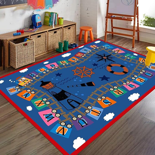 4x5ft Machine Washable Kids Area Rugs for Playroom Nursery ABC Children's Rug Lighthouse Telescope Compass Printing Preschool Education Carpet for Bedroom Blue Rug