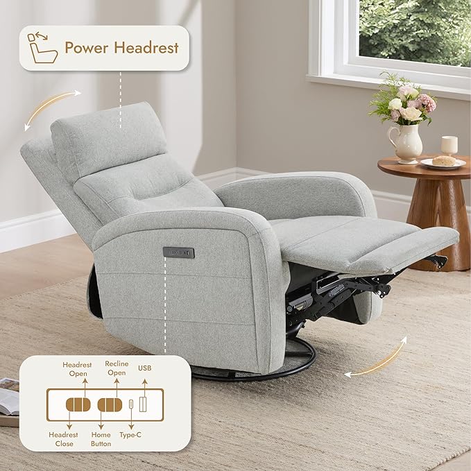 Watson & Whitely Swivel Power Recliner with Adjustable Headrest, Recliner Chairs for Adults, Small Glider Rocker for Living Room, Fabric in Dove Grey