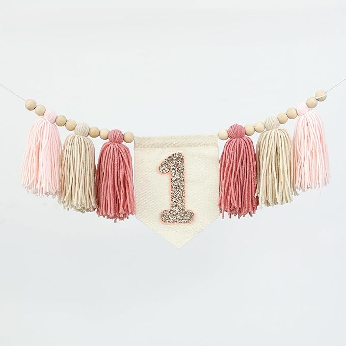 Handmade Boho Pink 1st Birthday High Chair Banner First Highchair Banner For Baby Girls Wall Hangings Wood Bead Tassel Garland 1 Birthday Party Decorations Cake Smash Photo Props