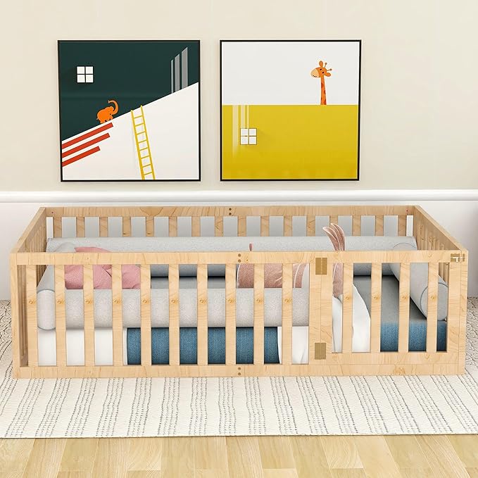 Bellemave Montessori Floor Bed Frame with High Fence and Door, Queen Floor Bed for Kids, Girls & Boys, Easy Assemble Montessori Beds Queen Size, Natural