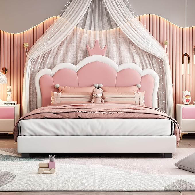 CITYLIGHT Full Size Pink Cute Bed, PU Upholstered Girl's Platform Bed Frame with Crown Headboard, Full Bed Frame for Kids and Teens, White+Pink